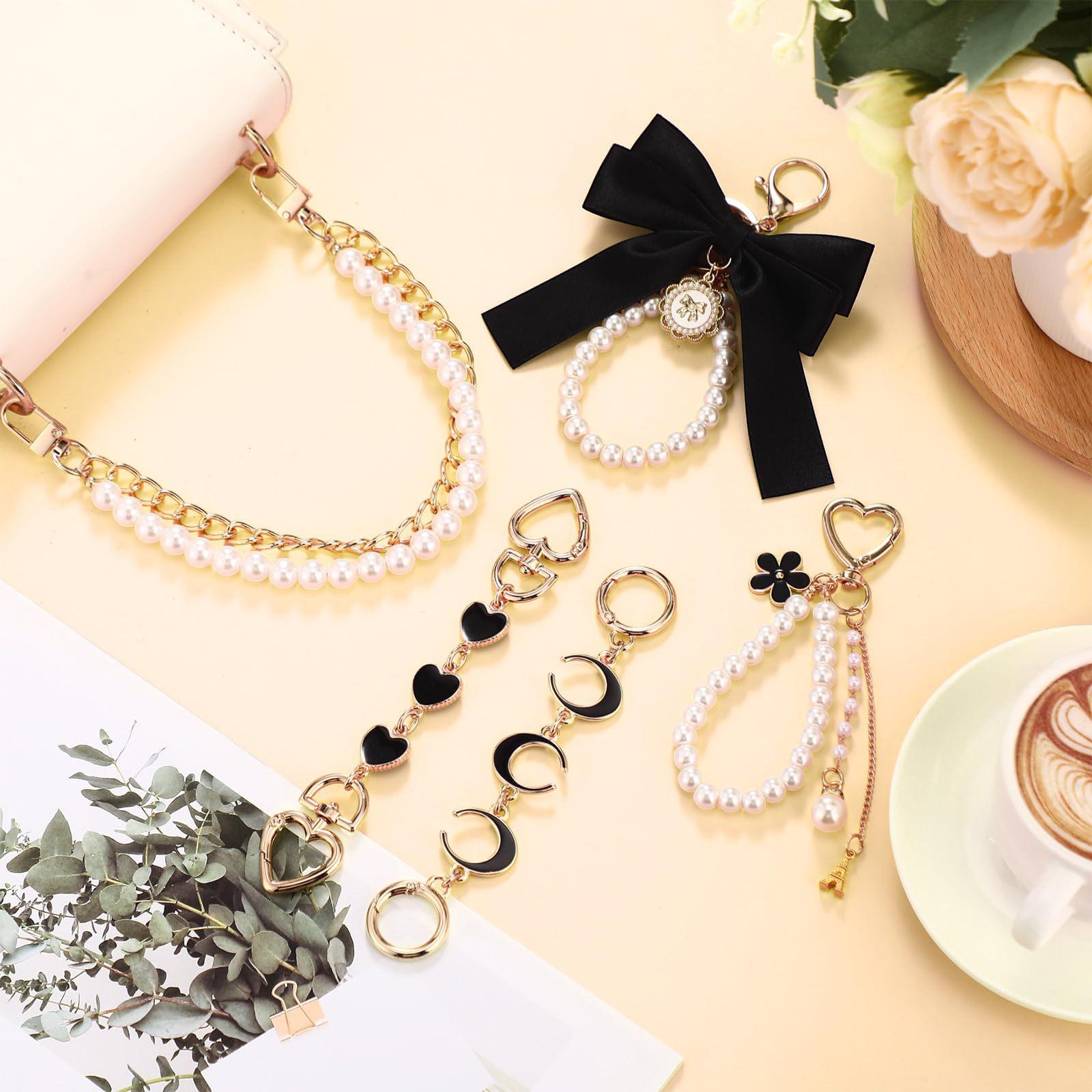 5 Pcs Bag Extender Chain Gold Pearl Purse Chain Ribbon Bow Keychain Extender Bag Strap Purse Charms Accessories for Handbag Y2K Aesthetic Bag Accessories Bag Charm Keychain Accessory Gifts for Women keychains for women