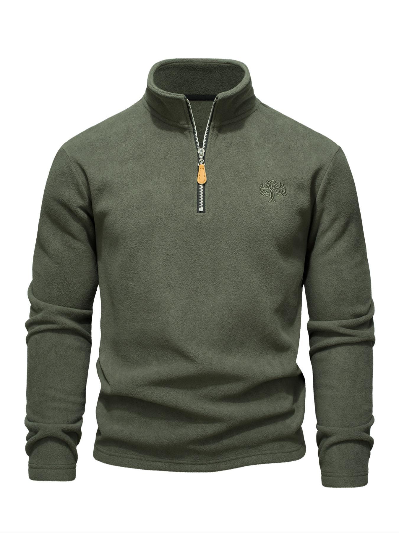 Men's Solid Zip Up Half Placket Fleece Sweatshirt, Regular Fit Casual Long Sleeve Stand Collar Pullover for Outdoor Hiking, Sportswear for Fall & Winter, Athletic Training Apparel, Athletic Top, Athletic Fashion Activewear