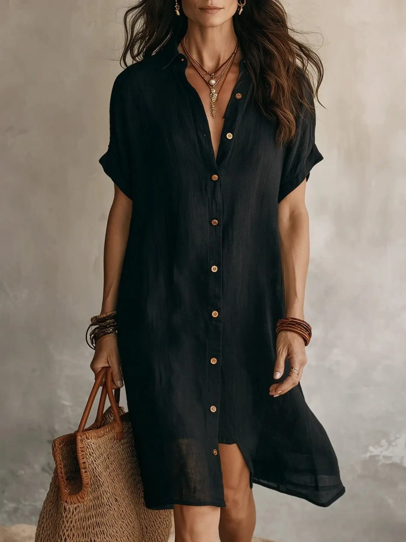 2026 New Arrival Shirt Dress, Fashion Casual Pure Color Short Sleeve Button Front Midi Dress, European and American Style Cross-Border Clothing