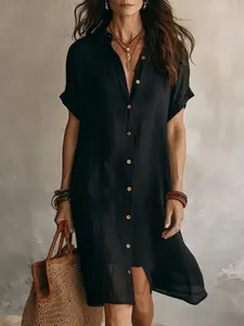 2026 New Arrival Shirt Dress, Fashion Casual Pure Color Short Sleeve Button Front Midi Dress, European and American Style Cross-Border Clothing