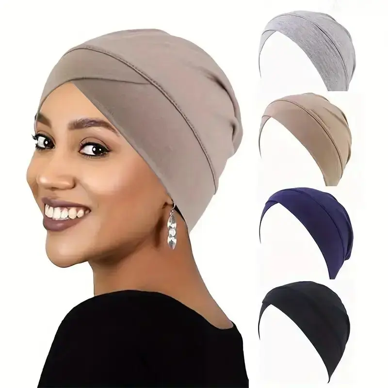 Women's 2pcs Cross-Front Hijab Cap Set, Stretch Fabric Underscarf, Breathable Non-Slip Turban for Casual Modest Prayer, 1-size