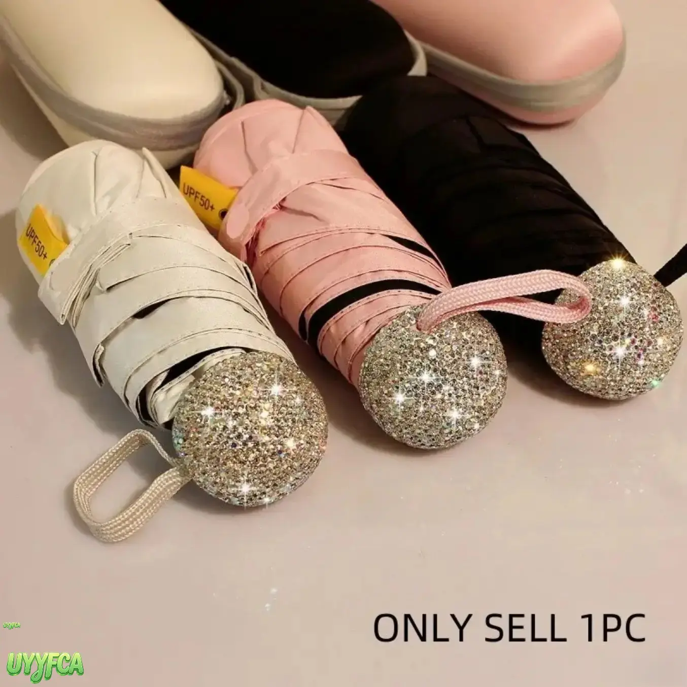 Compact Pocket Parasol with Luxury Rhinestone Handle, Water Repellent & Windproof for Commute Runs, Includes Hard Case, Gift, Everyday Carry, Sun Rain Shield, Umbrella, Mini, Folding, Outfit Styling, Coffee Run, Luxurious Rhinestone Handle, Mini Compact F
