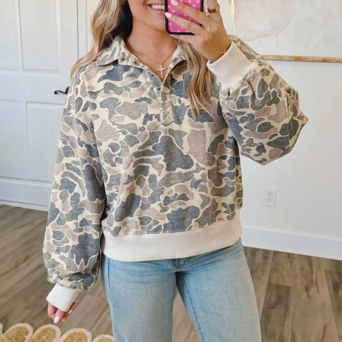Women's Camouflage Collar Pullover Sweatshirt, Casual Long Sleeve Camo Top