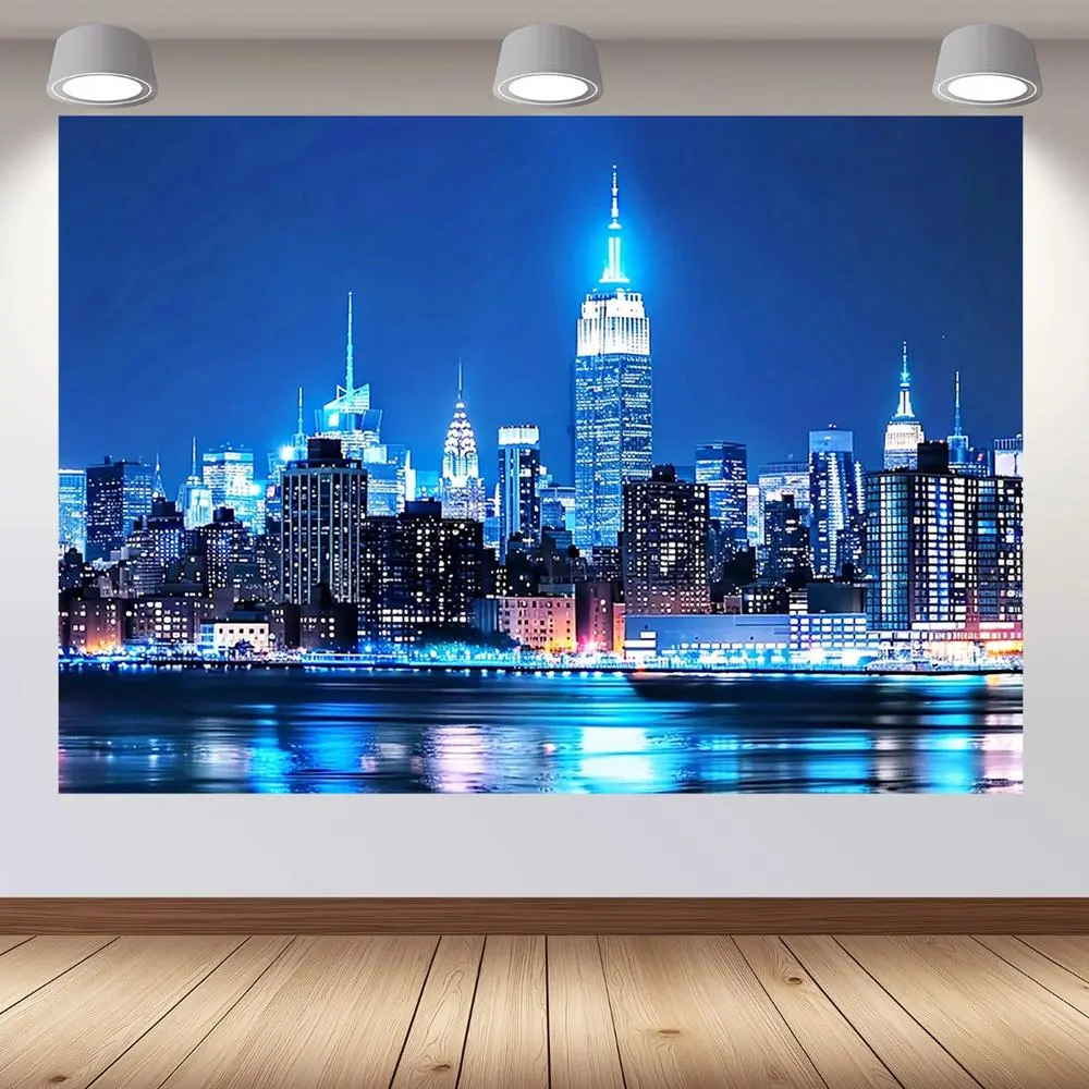 Multi-Size Soft Polyester Printed Rectangular New York City Night Skyline Tapestry - Lightweight Print Backdrop, Foldable Reuse, Machine Washable Urban Banner for Home Decor, Photography Studios