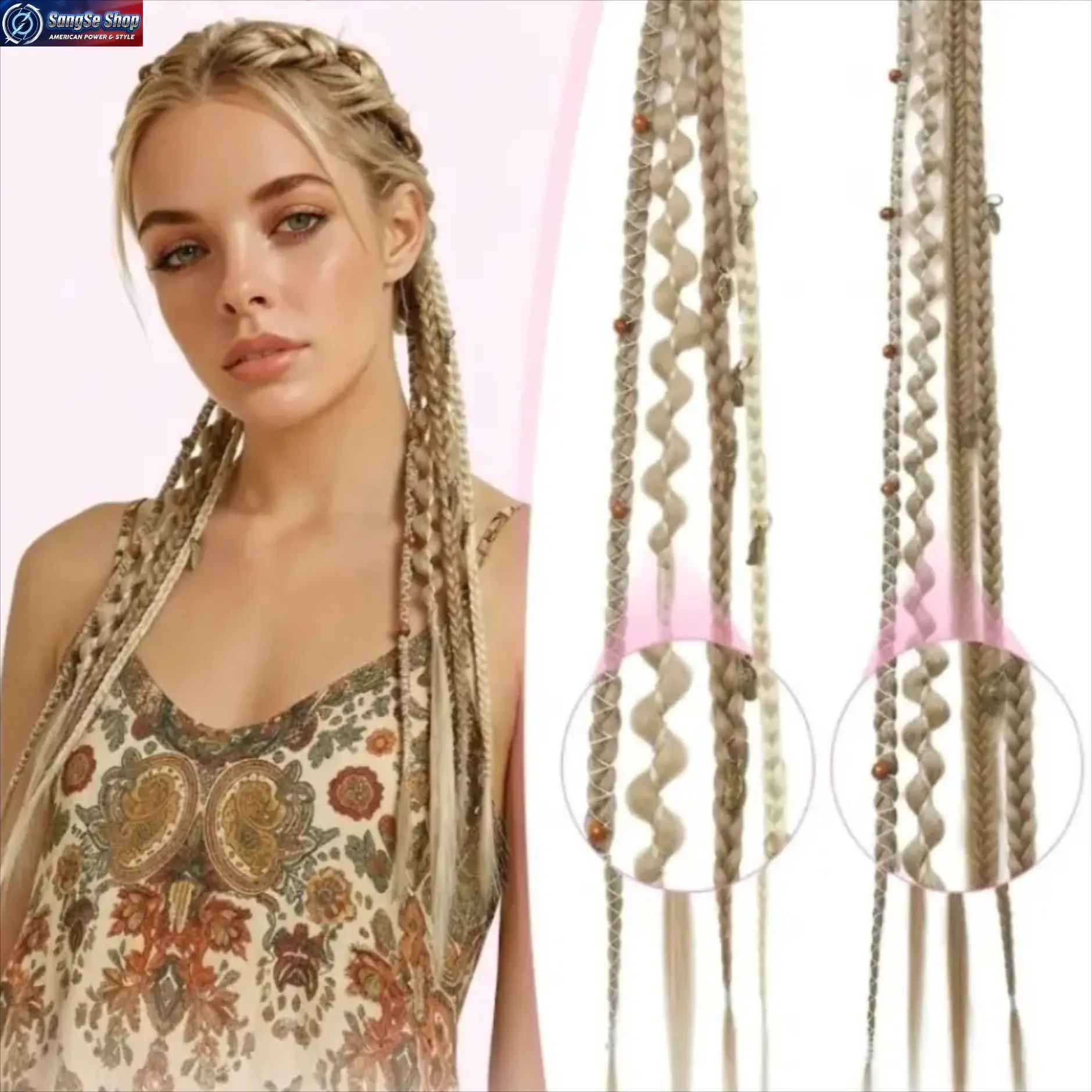 2PCS 20 Inch Clip-In Braid Hair Extensions Set, Boho Handmade Dreadlock Braided Hair Pieces with Beads & Charms, Soft Synthetic Hair Accessories, Easy Clip-On Fashion Hair Decor for Women, Cosplay, Festival, Party & Daily Styling Look