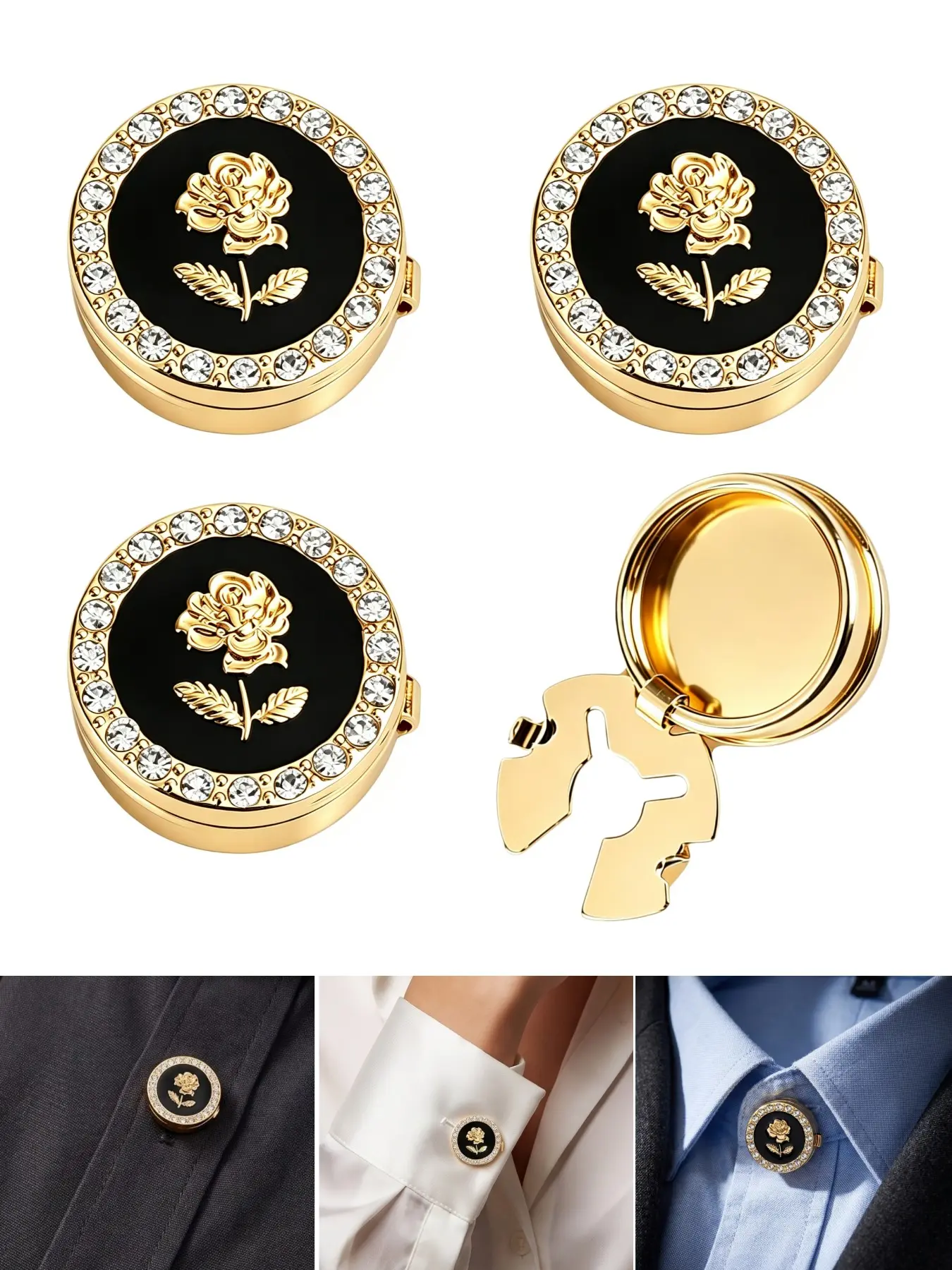 4PCS Rose Flower Button Covers with Rhinestone Design, Round Shirt Button Covers, Detachable Reusable Cuff Accessories for Women Men, DIY Clothing Decorations for Shirts, Blouses, Dresses and Suits, Holiday Gift Idea for Birthdays and Anniversaries