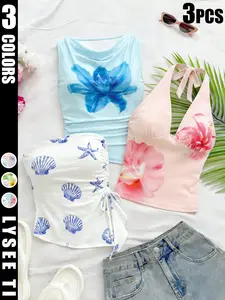Women's Vacation Style Tank Top Set, Blue Floral Tank, Shell Strap, Peony Flower Neckline, Casual Beachwear, 3 Piece Set