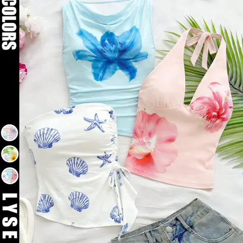 Women's Summer Vacation Style 3 Piece Tank Top Camisole Set, Shell, Peony Flower and Halter Floral Print Design Top, Casual Beachwear Boho Style Cami