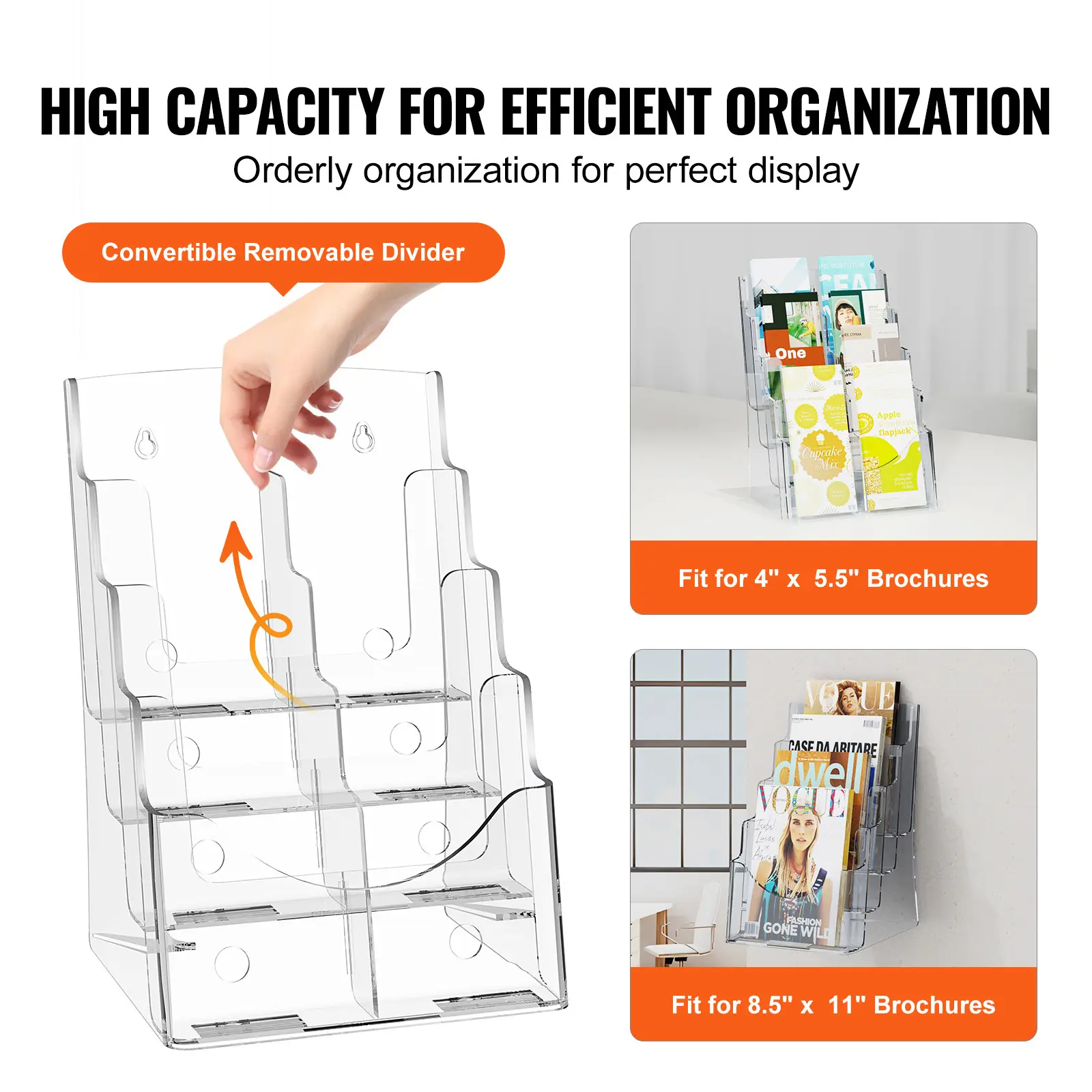 Acrylic Brochure Holder 8.5 x 11 inch, 4-Tier Clear Acrylic Literature Display Stand, Plastic Literature Organizer Flyer Stand & Removable Divider for Office Exhibition, Countertop, Wall Mount or Office Desk Accessory