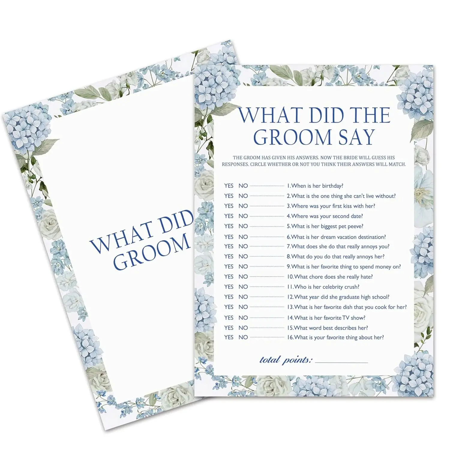 Bride Party Game Cards, Groom Says What Theme Wedding Games, Blue Hydrangea Bridal Game, Blue and Floral Singles Party Engagement Gift, Party Game Set