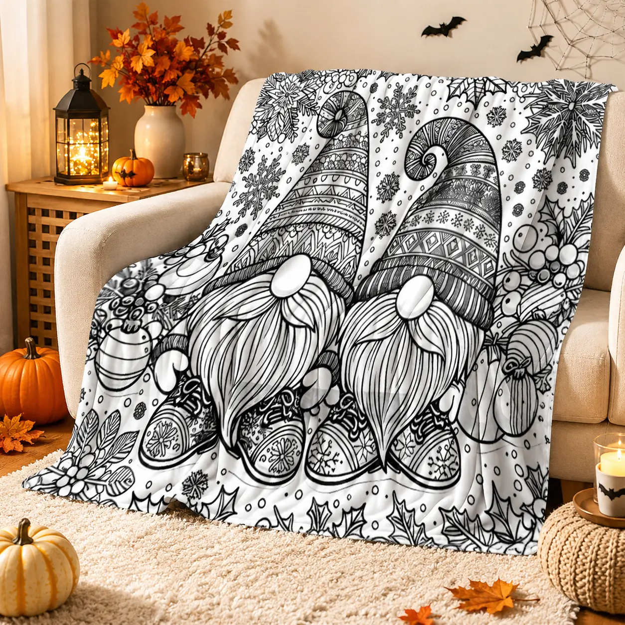 Vintage Mandala Sketch Gnomes Flannel Blanket Ultra Soft Flannel Fleece Warm Nap Blanket Autumn Halloween Xmas Holiday Gift Blankets for Sofa Bedroom Dorm farmhouse fall throw blanket skin friendly