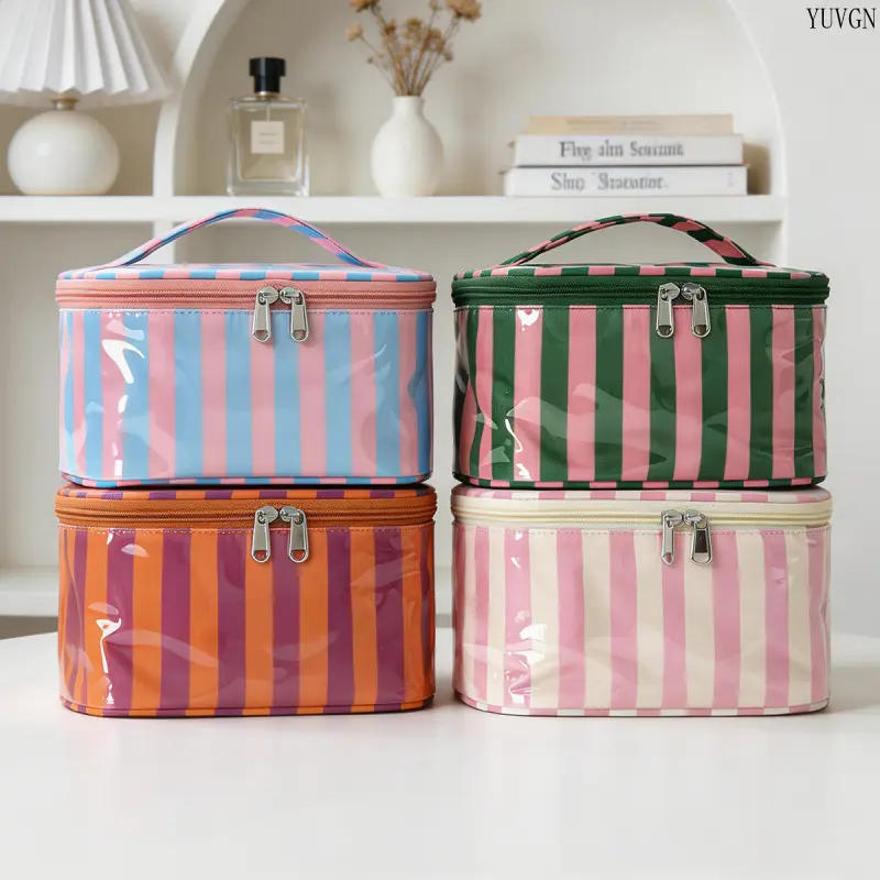 Vertical Stripe Glossy Cosmetic Bag - Zipper Closure, Multi-Compartment, Waterproof, Large-Capacity Gym Toiletry Organizer with Top Handle for Skincare Brushes, Travel Use