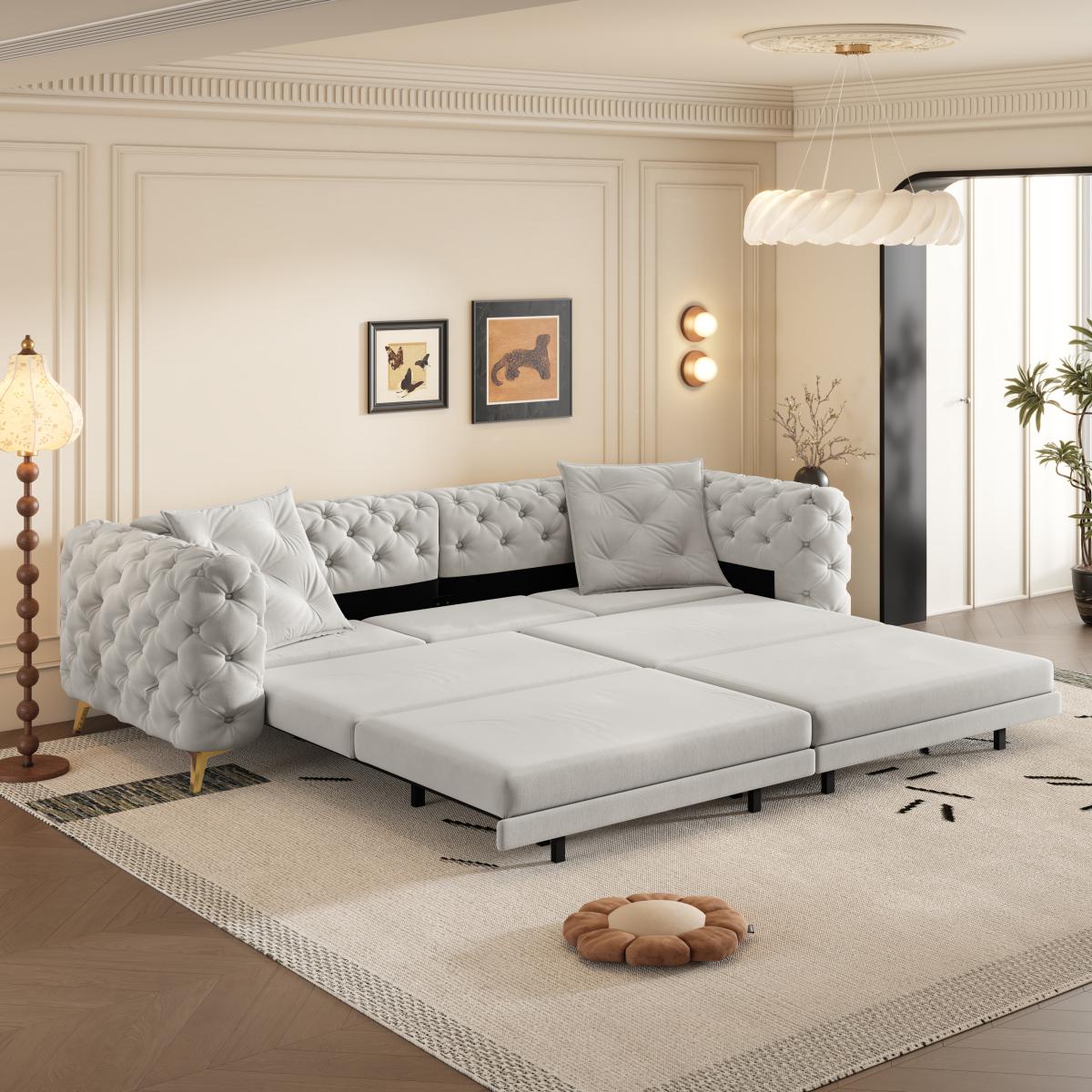 97.7" 3-in-1 Convertible Sleeper Sofa,28.4" Deep Seat Pull Out Sofa Bed,Button Tufted Modern Sofa,4-Seater Couch with Movable Ottoman  for Apartment,Office,Bedroom,Light Grey(Old SKU:W1885S00203)    RR