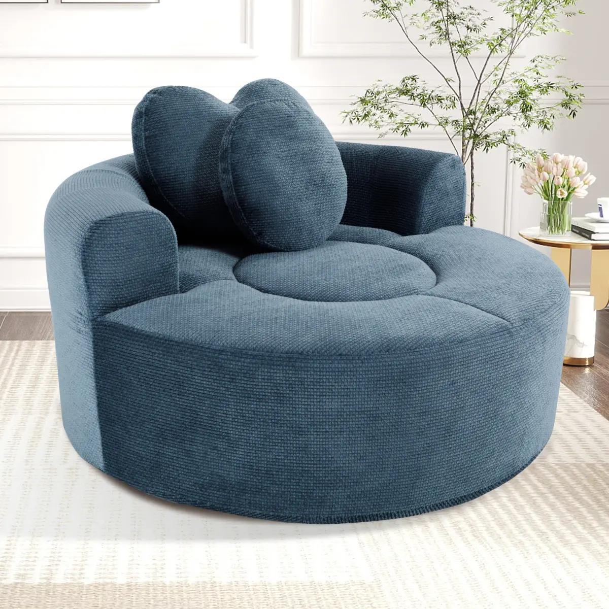 Oversized Round Chair Lounge Chaise Indoor, 54.3" Upholstered Corduroy Deep Seat Single Cloud Sofa Chair with Heart-Shaped Pillow Modern Large Circle Boneless Couch for Living Room, Blue