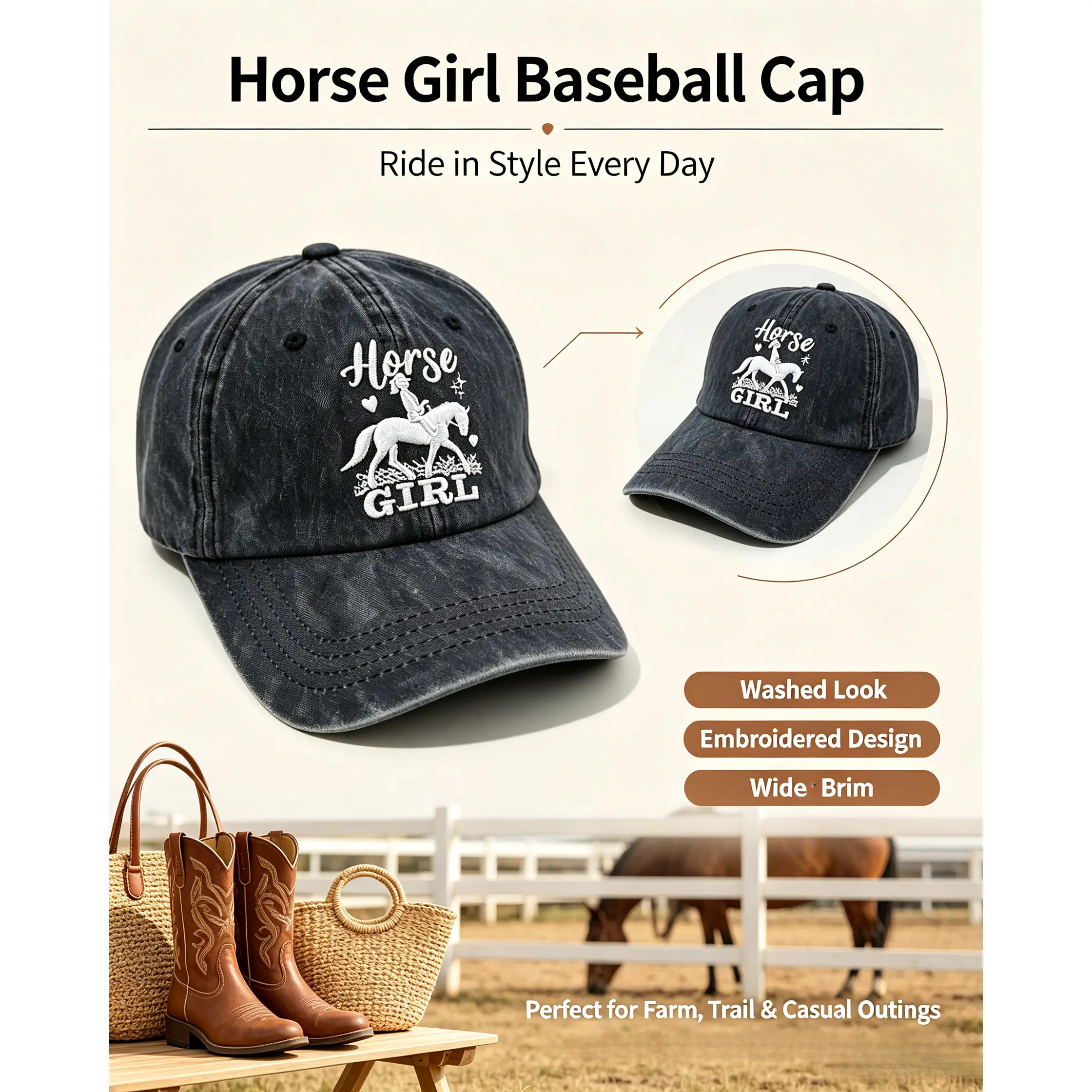Women Horse Lover Baseball Cap Vintage Embroidery Horse Design Hat Black Adjustable Dad Hat Casual Cotton Snapback Streetwear Cap Outdoor Farm Riding Hiking Camping Sun Visor Hat Summer Holiday Fashion Gift Idea
