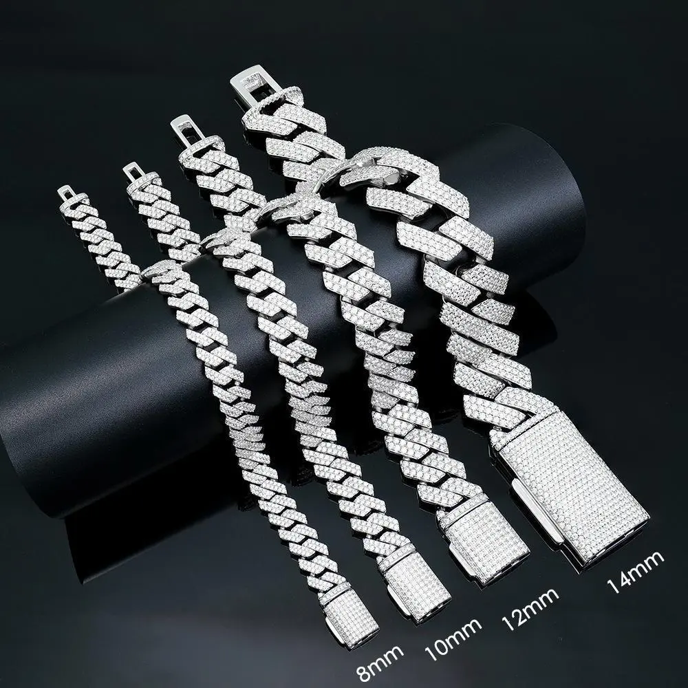 D VVS1 Moissanite Cuban Bracelet 8mm/10mm/12mm/14mm Sterling Sliver Cuban Bracelets for Women Man