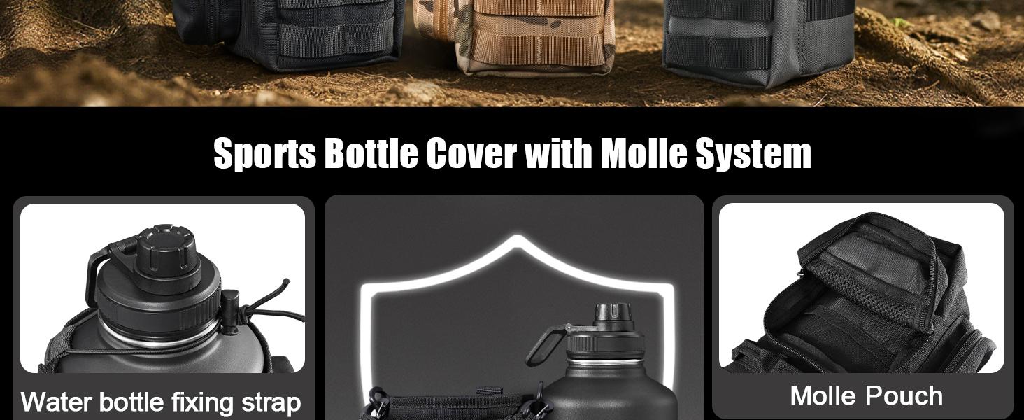 Tactical Half Gallon Water Bottle with Straw, 64 Oz Insulated Water Jug with Molle Water Bottle Holder, Stainless Steel Sport Bottle with 3 Lids for Gym Workout Hiking (Black)