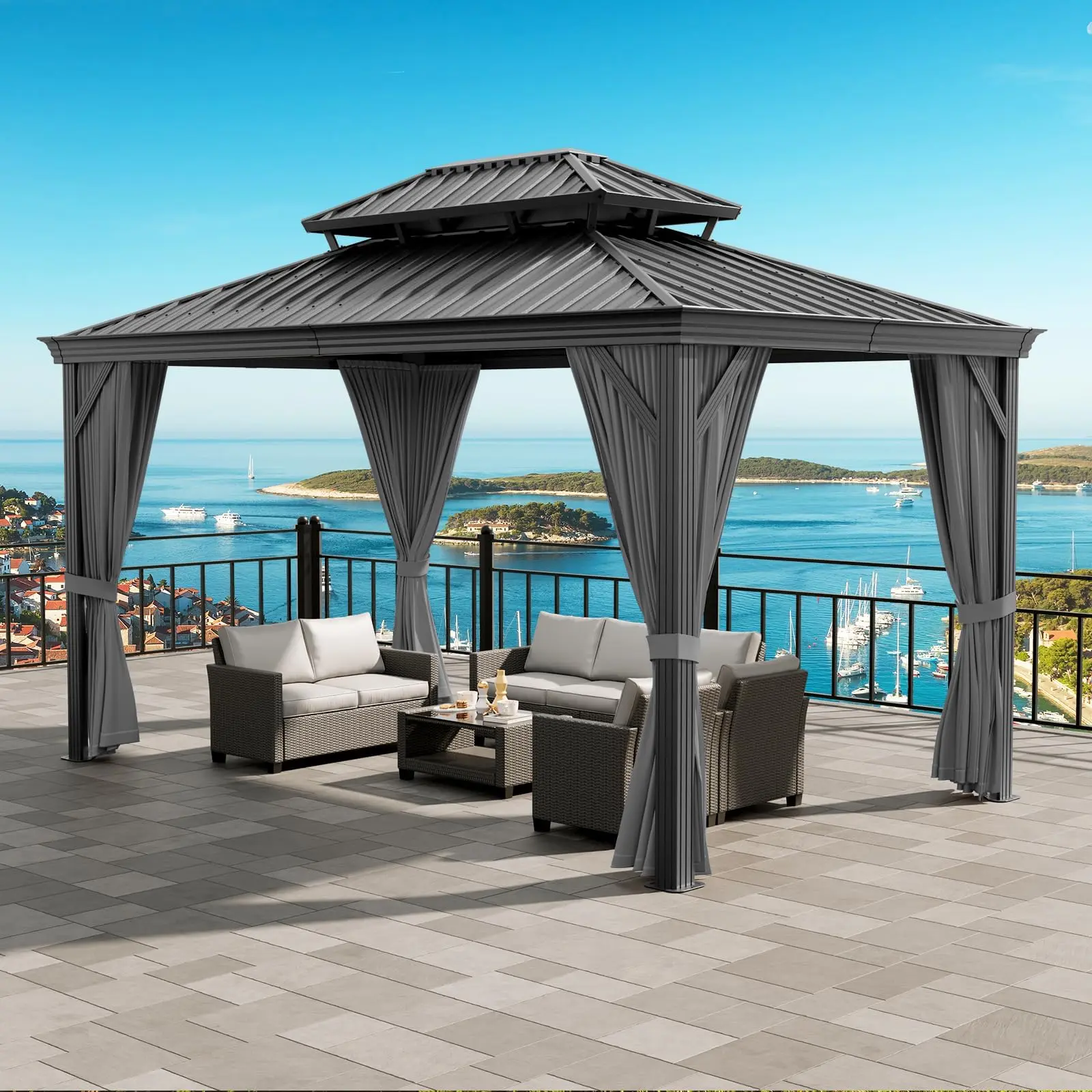 Garvee 20'x12' Hardtop Gazebo, Heavy Duty Aluminum Permanent Hardtop Gazebo Outdoor Pavilion with Curtains and Netting for Garden (Gray, 20'x12')