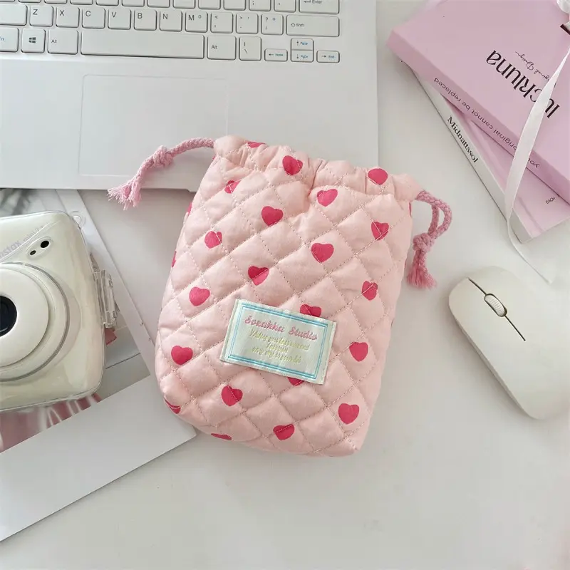 Cute Heart-Patterned Drawstring Makeup & Camera Storage Bag, Pastel /, Mini Toiletry Organizer, Unisex Portable Pouch, Travel Cosmetic Bag