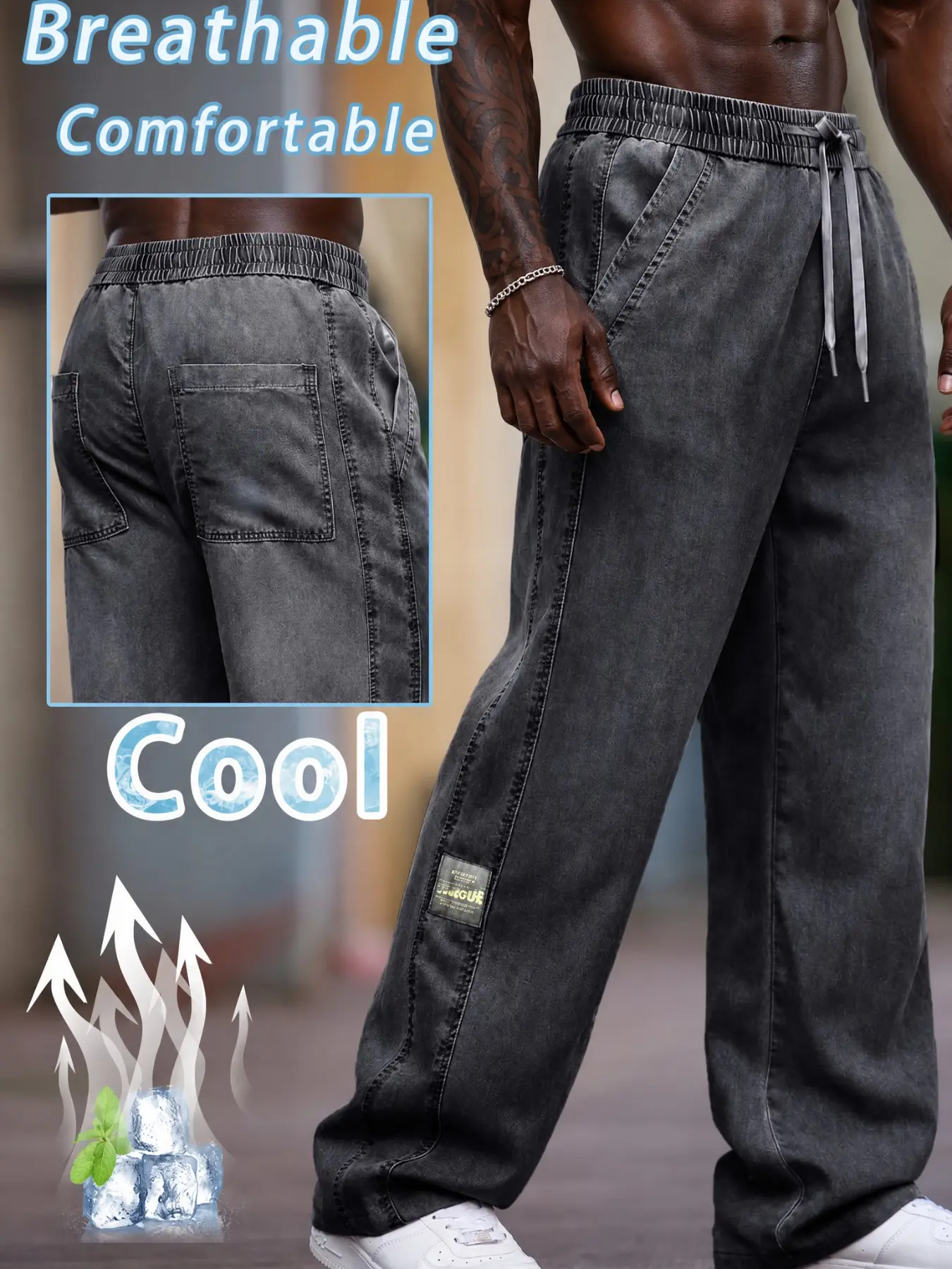 Men's Summer Lightweight Breathable Wide Leg Jeans, Elastic Waist Drawstring Denim Jeans, Lycra Fabric Cool Comfort Street Style Streetwear Relaxed Fit Oversize Oversized Loose Fit Pants