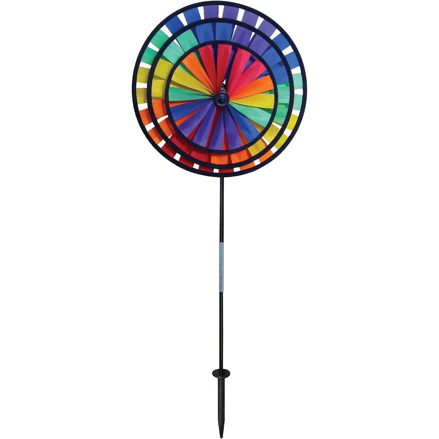 Rainbow Triple Wheel Spinner- Ground Stake Included - Colorful Wind Spinner for your Yard and Garden