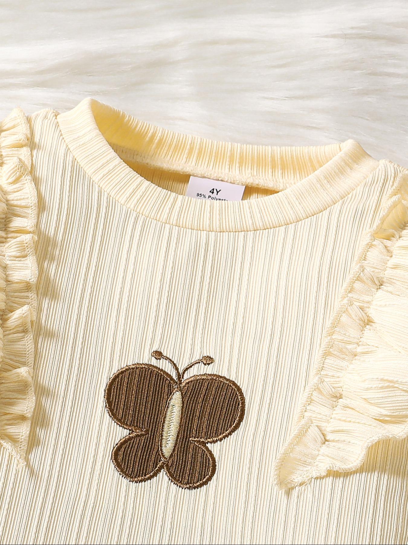 Autumn New Girl Cute Casual Elegant Set, Lotus Hem Long Sleeve Top + Solid Color Elastic Waist Loose Fit Pants, Kids Fashion