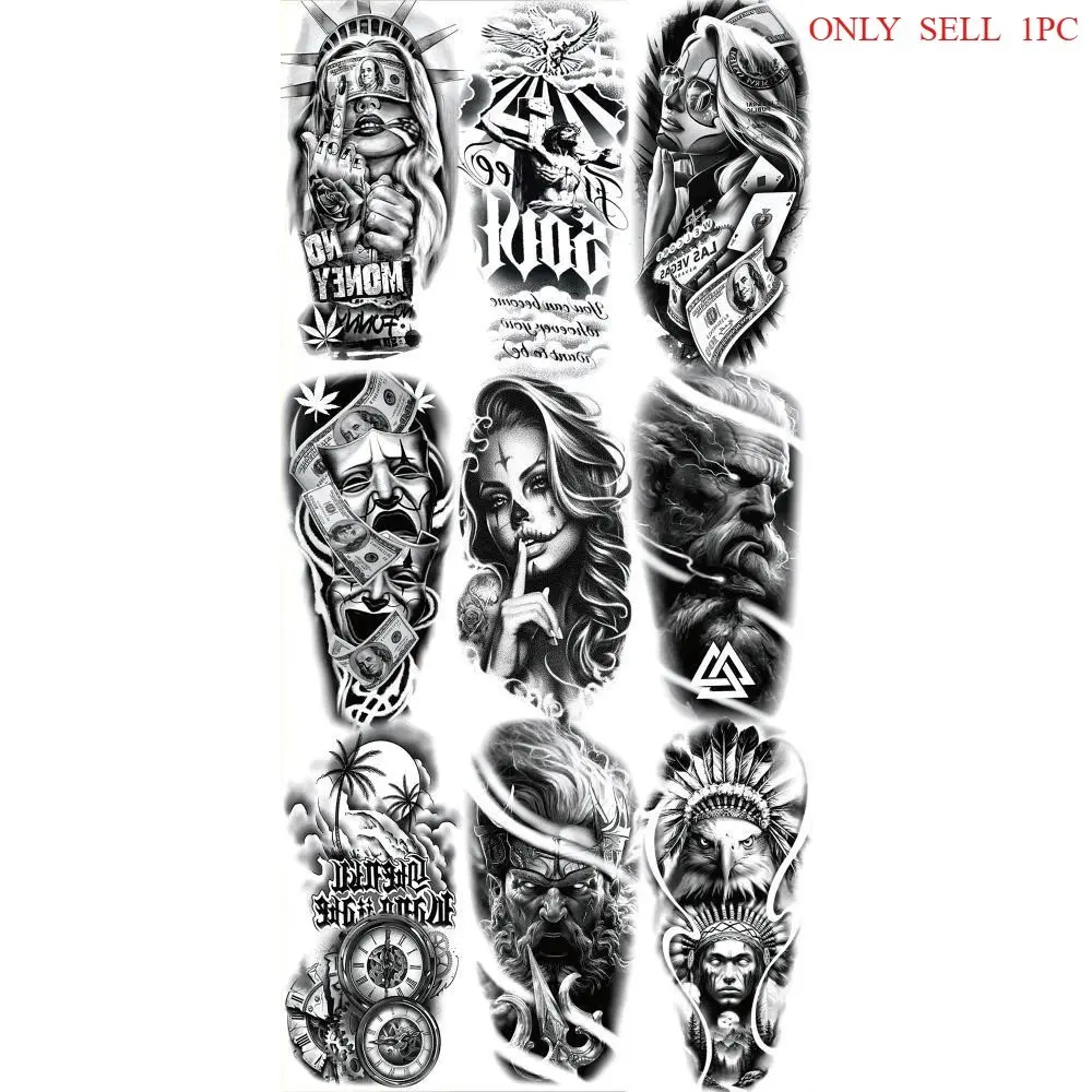 Black Grey Chicano Half Sleeve Temporary Tattoo Stickers, Realistic Liberty Girl, Jesus Cross, Clock Palm Tree, Indian Eagle, Old Man Portrait Waterproof Arm Tattoo For Men, Fake Tattoos