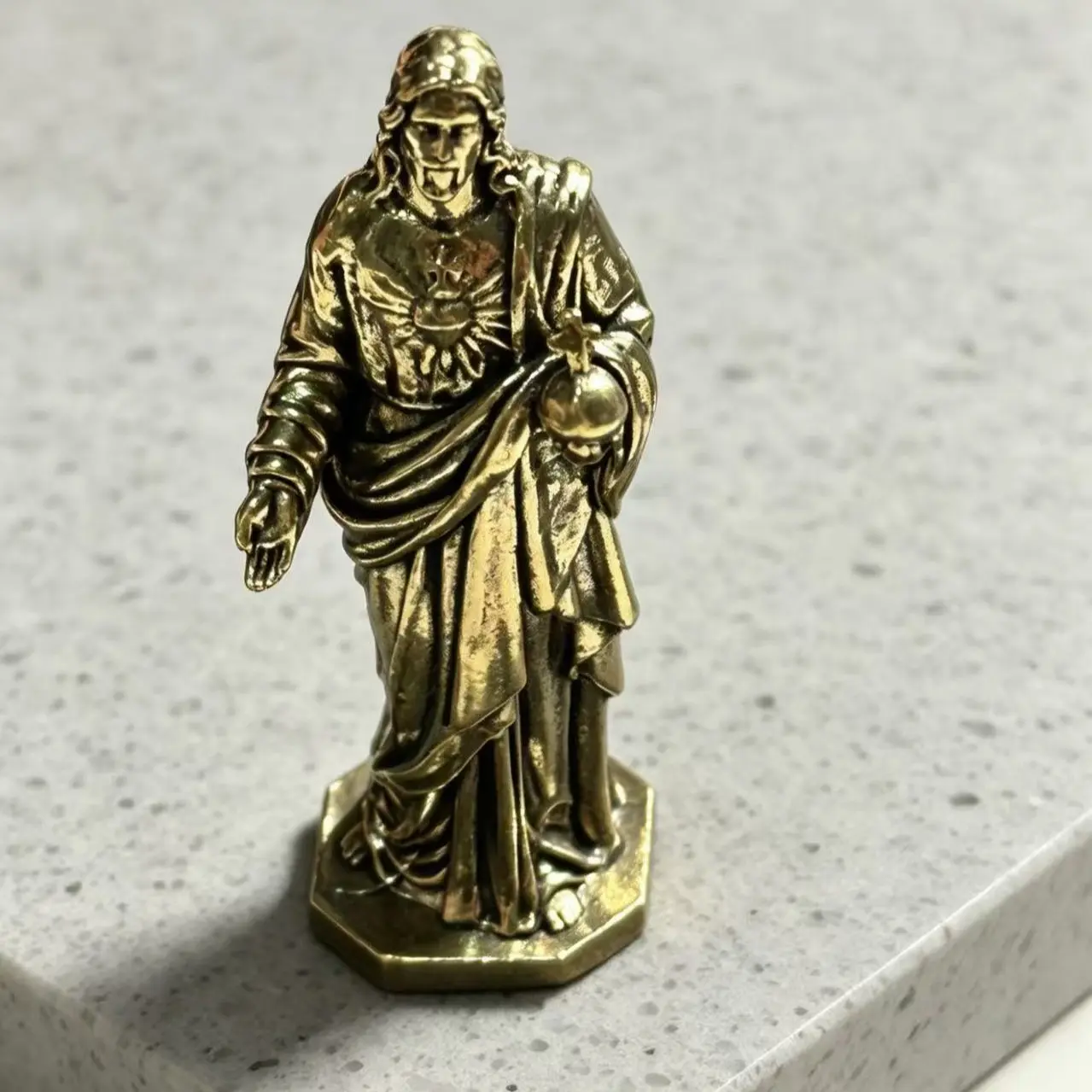 Vintage Brass Mini Sacred Heart Jesus Figurine, Portable Desktop Prayer Statue, Home Church Office Decor, Gift Idea, No Power Required