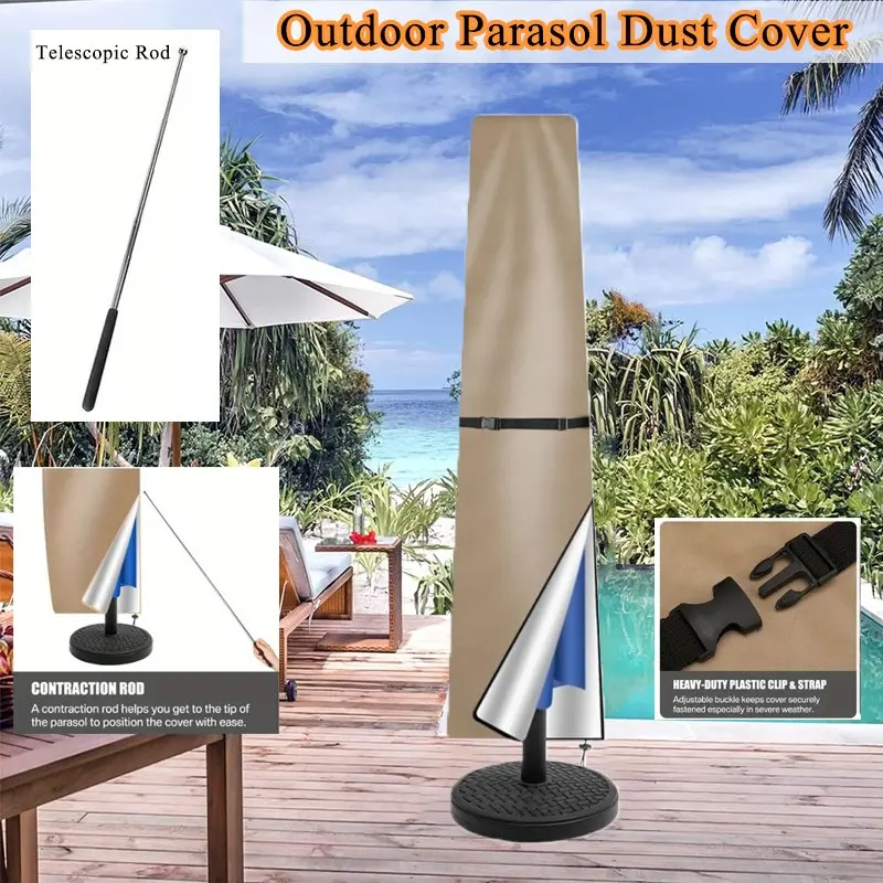 Outdoor Sunshade Umbrella Dust Cover with Extendable Pole, Patio Umbrella Cover with Drawstring, Durable Furniture Protector