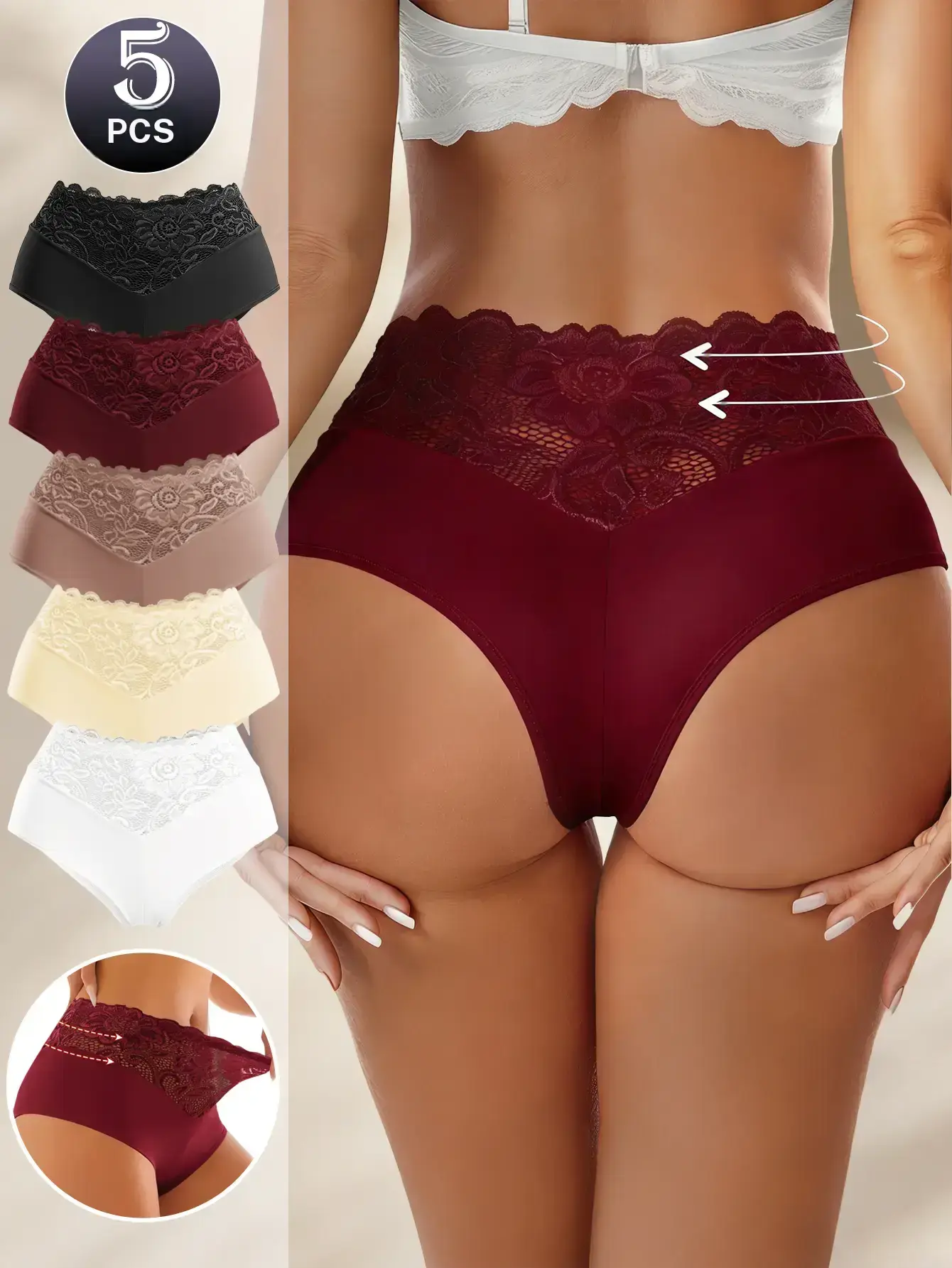 QUASTI 5PCS V Shape Lace Low waist Thongs, Sexy Milk Silky Briefs for Women Summer Wear, Breathable Underwear Fit for Womenswear Everyday