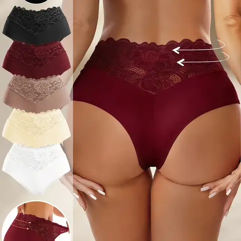 QUASTI 5PCS V Shape Lace Low waist Thongs, Sexy Milk Silky Briefs for Women Summer Wear, Breathable Underwear Fit for Womenswear Everyday