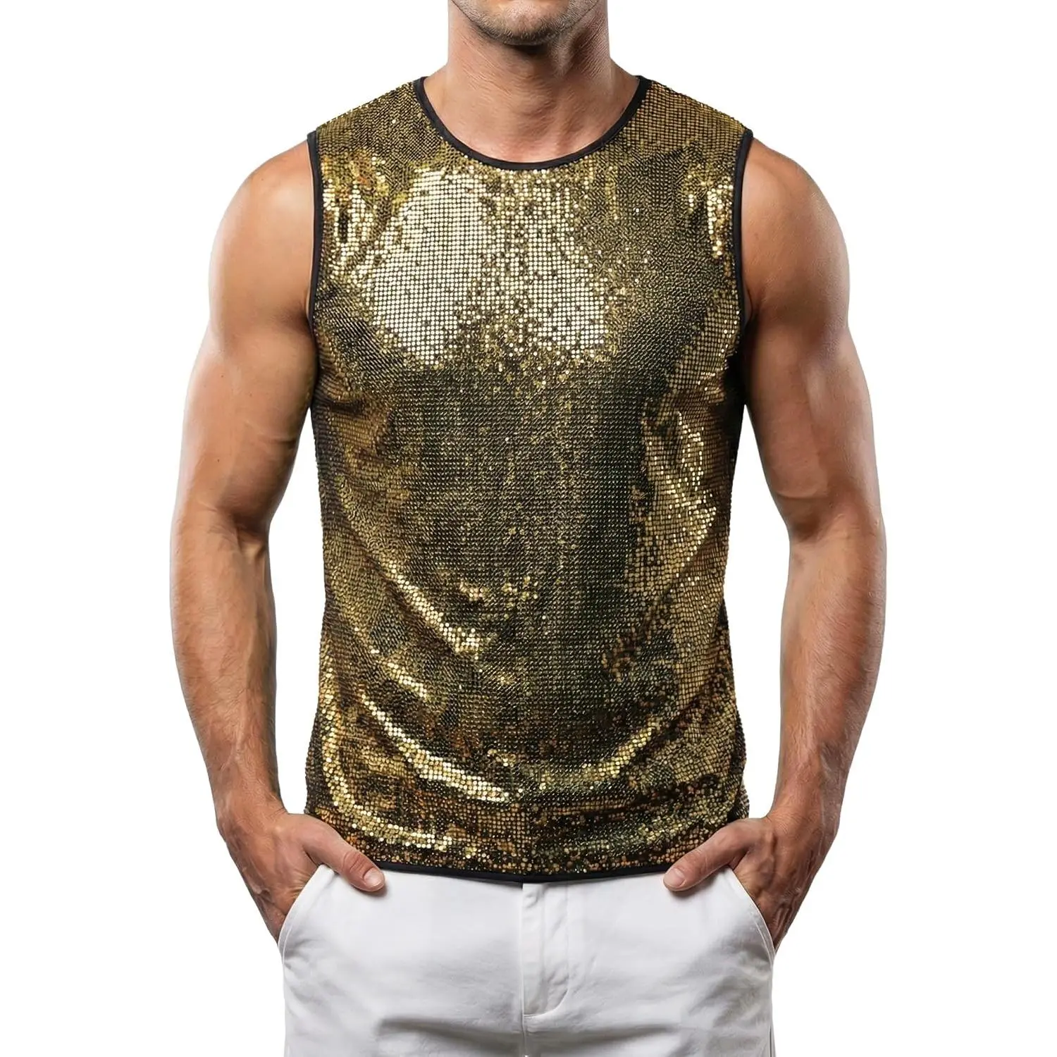 Men's Shiny Sequin Fabric Sparkly Tank Top - Sleeveless Round Neck Fashion Streetwear for 70s Disco, Festival Clubwear Outfit, Pants, Menswear