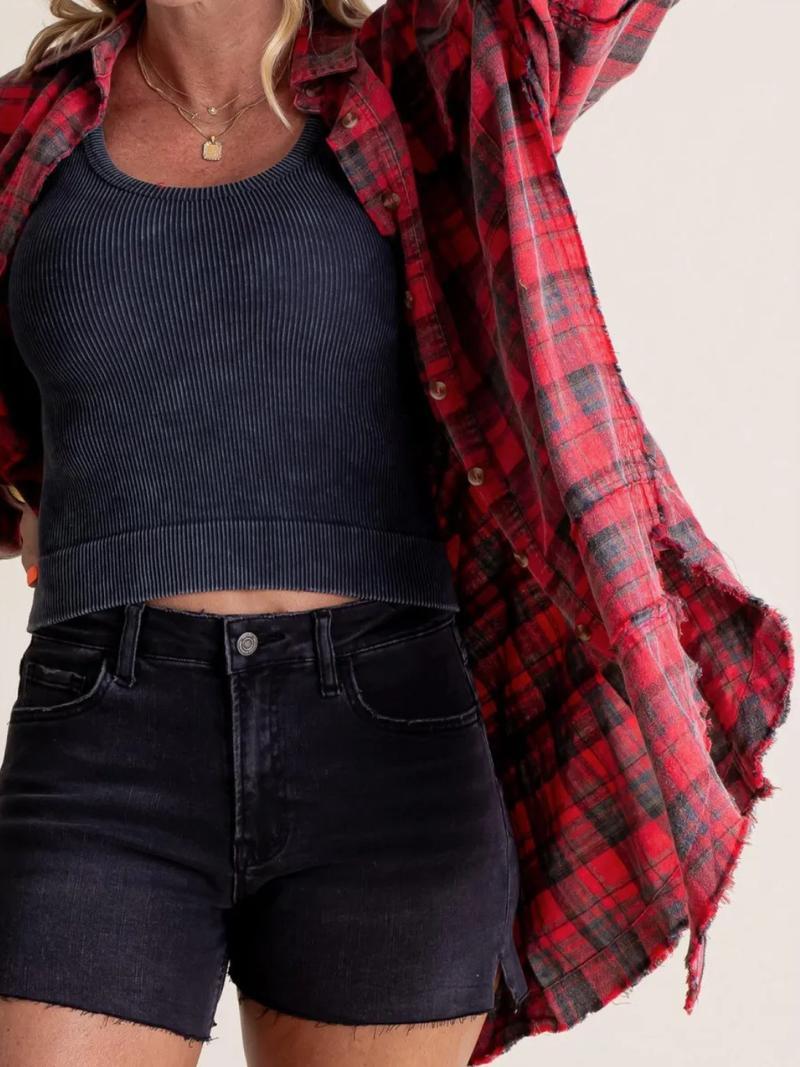 Women's Autumn and Winter New Frayed Lantern Sleeve Loose Button Plaid Shirt Top Womenswear