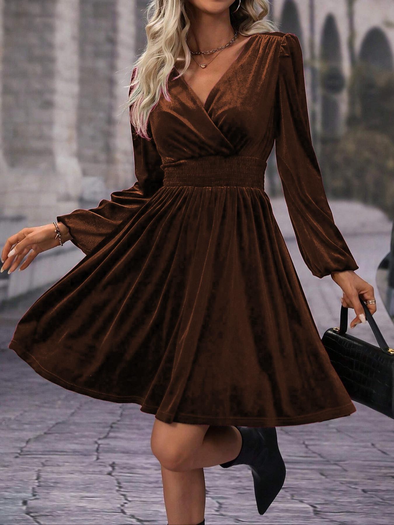 Women's Velvet Satin Dress, Waist Cinched Lantern Sleeves, Slimming Design, Party Wear, High-End Feel, Spring & Fall Fashion