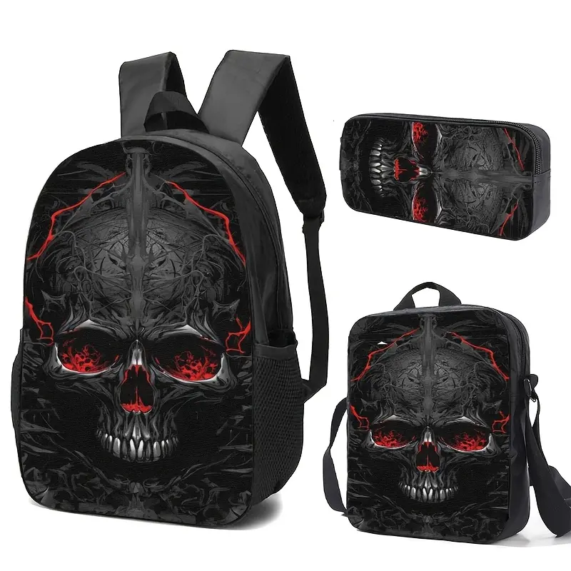 Skull Backpack Set, 3PCS Gothic School Bag with Lunch Bag and Pencil Case, Black Red Horror Skeleton Bookbag for Teens Adults, Cool Graphic Travel Daypack, Halloween Style Backpack, Laptop Casual Bag, Back to School Gift for Boys Girls Students Daily