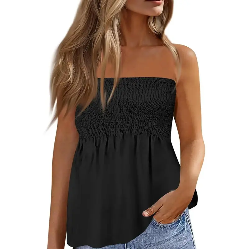 Beauty's WardrobeWomens Tube Tops Summer Strapless Bandeau Tank Casual Loose Tunic Sleeveless Shirts Off the Shoulder Flowy Blouses