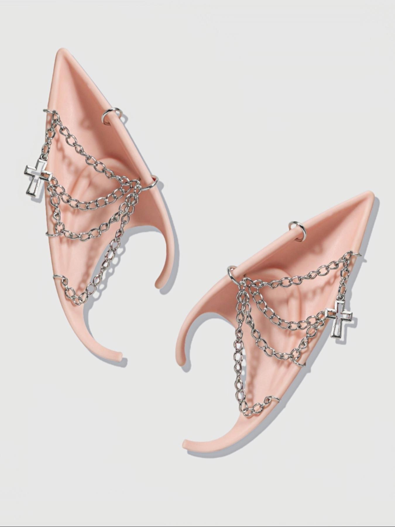 Punk Style Chain & Cross Decor Elf Ear, Fashionable Cosplay Accessories for Women & Girls, Trendy All-match & Exquisite Elf Ear for Cosplay, Party, Costume