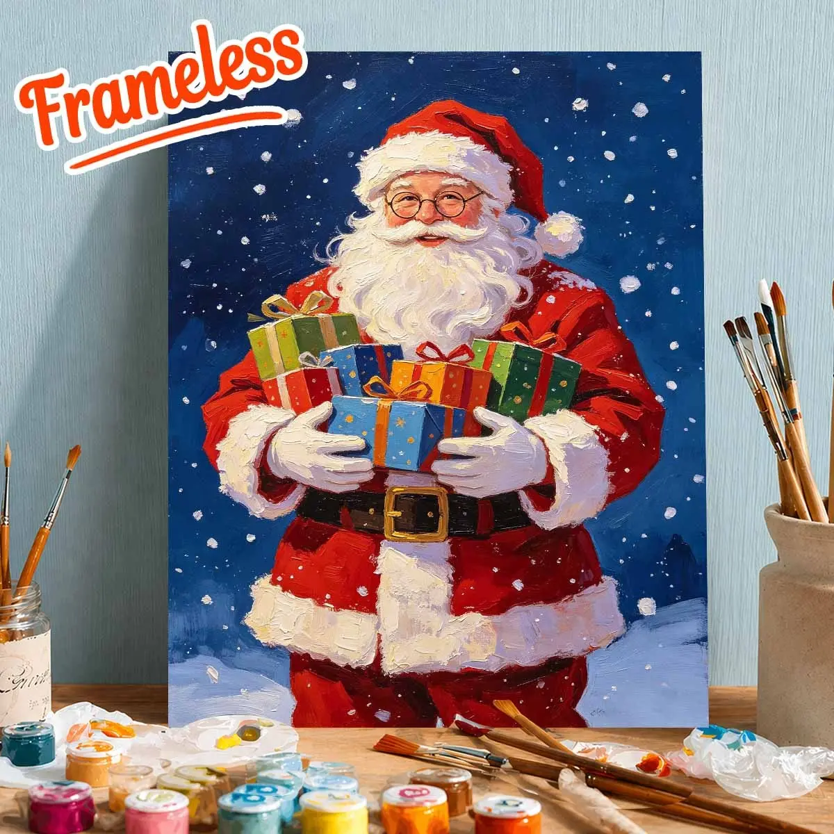 DIY Digital Painting Kit with Paints, Canvas, Brushes, Santa Claus Holding Gifts, Frameless, Ideal for Home Decor, Holiday Gift