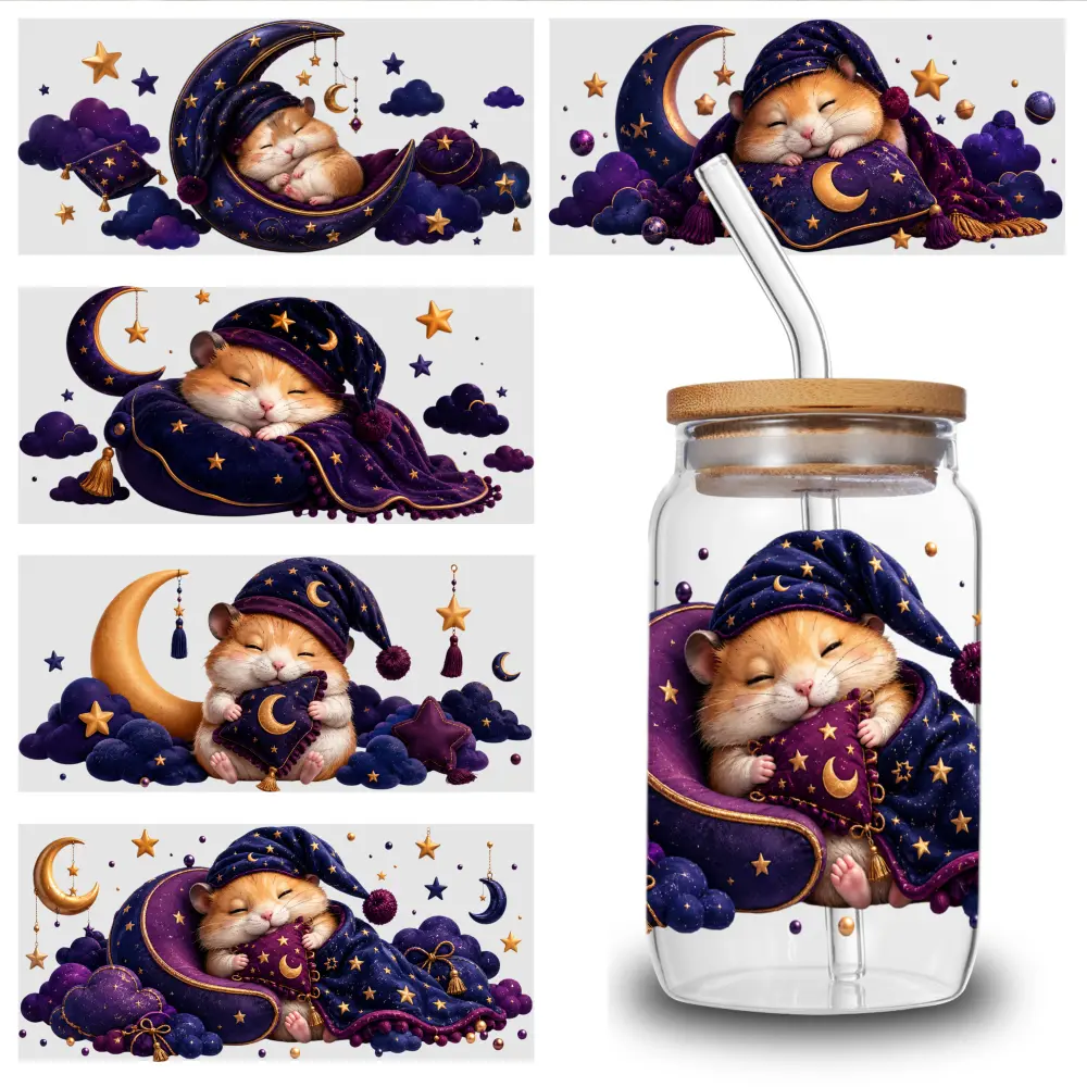 5 Sheets Sleepy Hamster UV DTF Stickers UV DTF cup packaging transfer sticker, 16oz carafe decoration, suitable for any smooth object surface, craft decoration, glass decoration, campus decoration, small gifts for friends, small gifts for family.