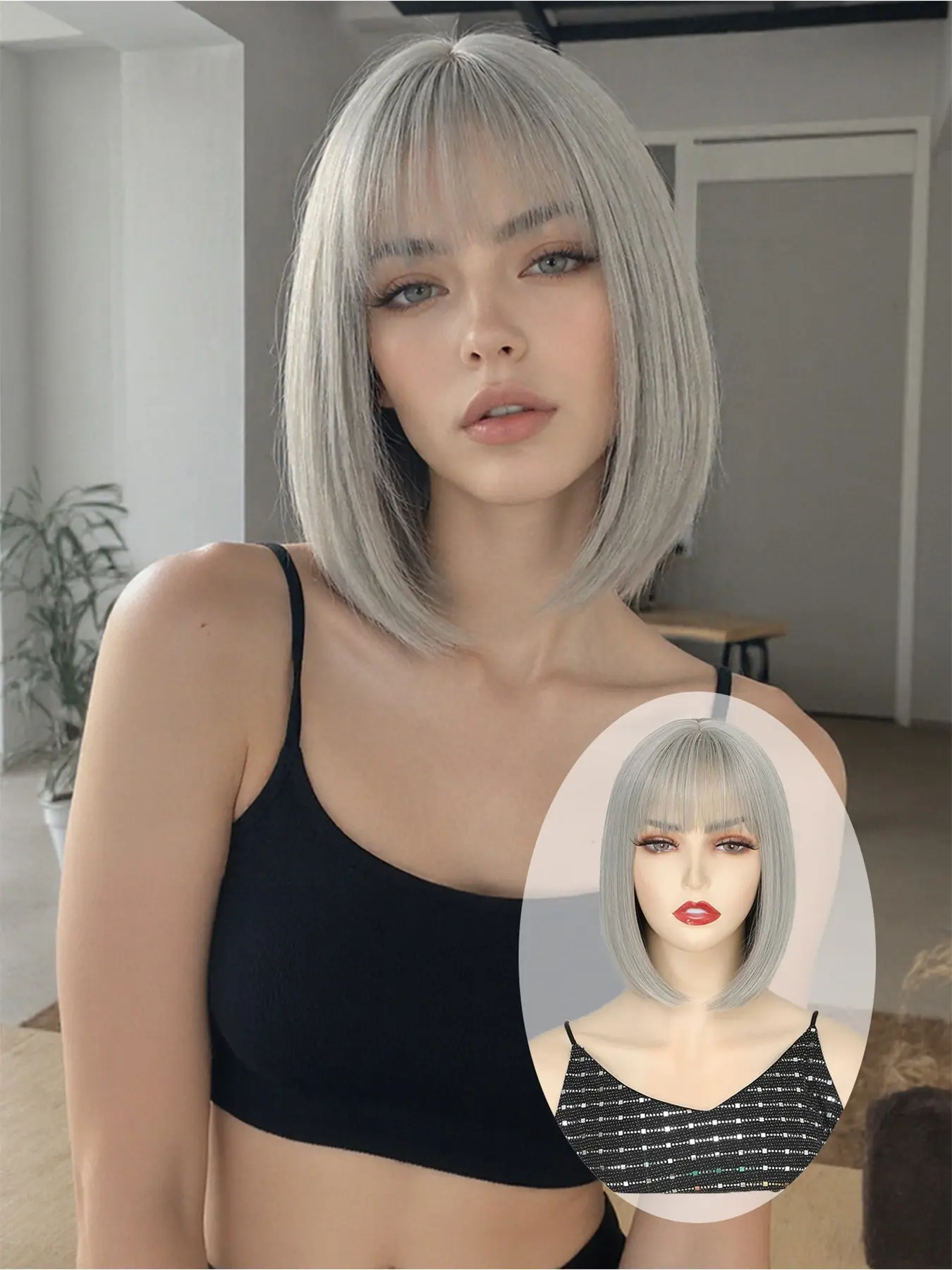 Grey Color Extension Hair Bob Wigs for Women with Bangs Bob Hair Wig Synthetic Highlight Bob Haircuts 10 inch Average Size Natural Daily Party Halloween Christmas Wig