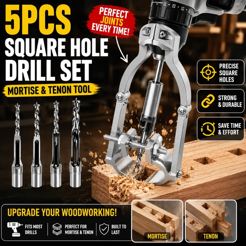 5-piece woodworking square hole drill bit set, (square hole drill bit adapter + square hole drill) with tenon tool function, suitable for desktop and hand-held electric drill - advanced woodworking accessories, Upgrade Your Woodworking