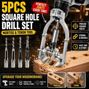 5-piece woodworking square hole drill bit set, (square hole drill bit adapter + square hole drill) with tenon tool function, suitable for desktop and hand-held electric drill - advanced woodworking accessories