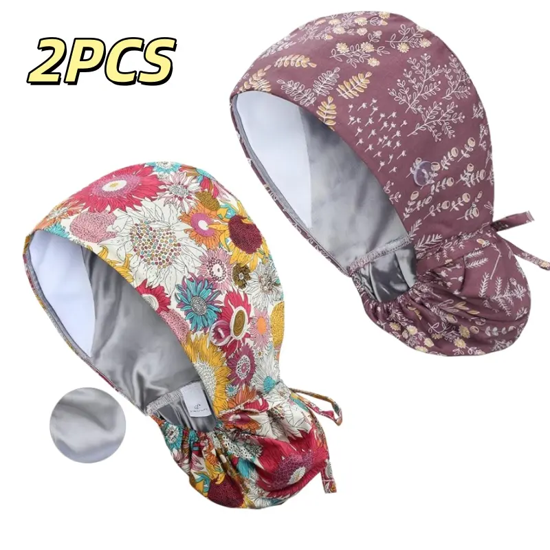 2pcs Adjustable Work Caps with Side Buttons, Featuring a Smooth Satin-lined Protective Head Covering, Reusable for and Surgical Settings, Suitable for Hair Salons and Healthcare Positions