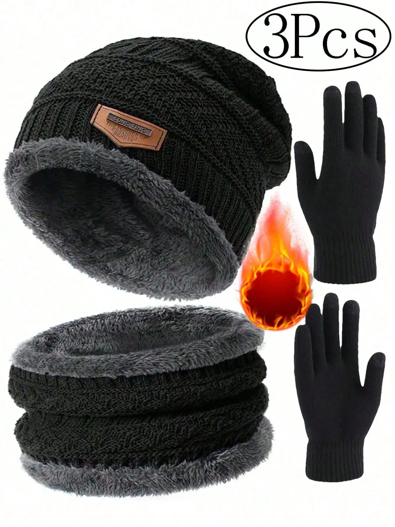 3 Pcs Winter Knit Beanie Hat Neck Warmer Scarf and Touch Screen Gloves Set  Fleece Lined Skull Cap for Men Women