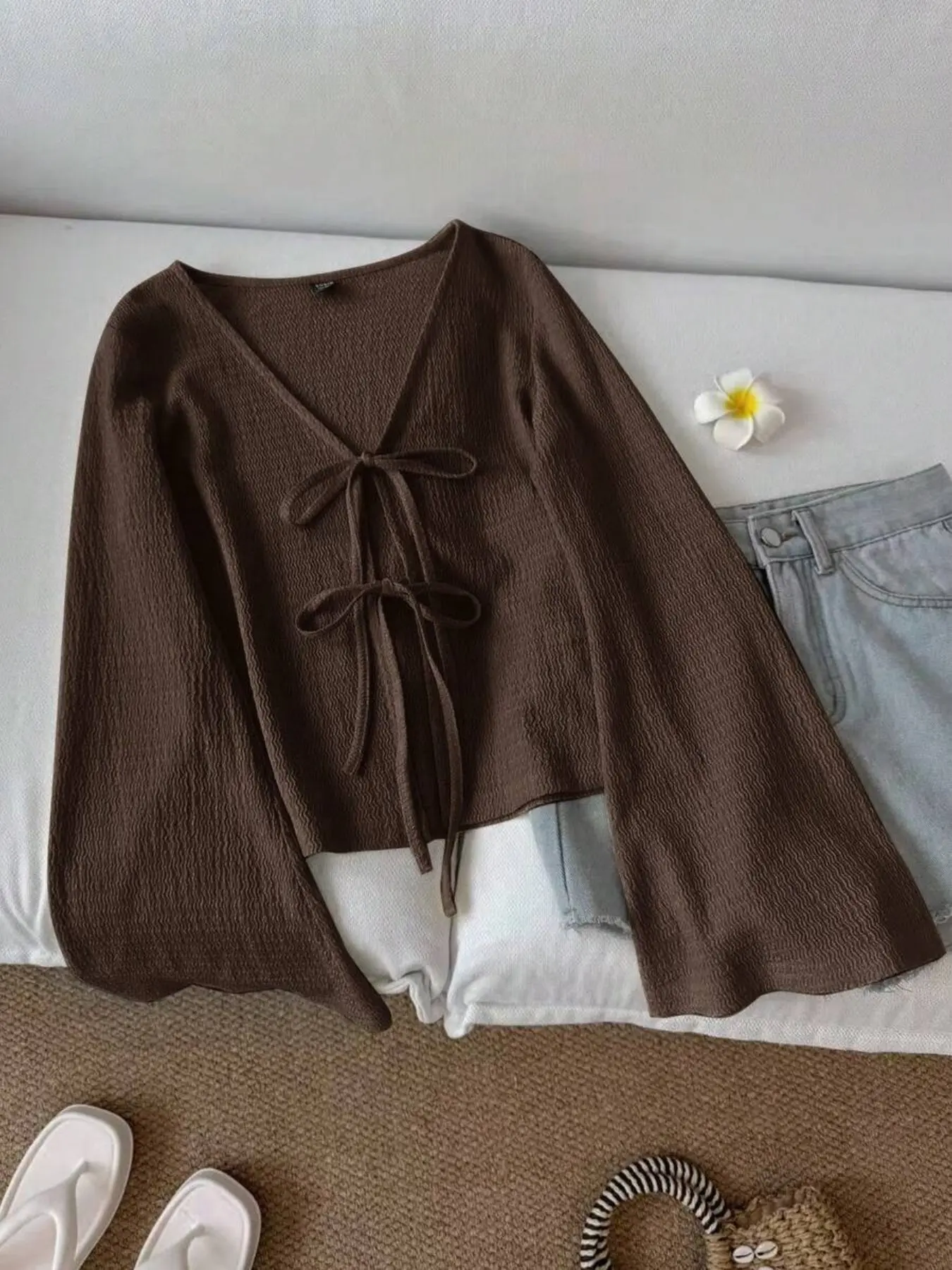 Women's Casual Loose Solid V-Neck Bell Sleeve Knot Top, V-Neck Top, Deep Top, Chocolate Top, Coffee Color Top, Spring & Fall