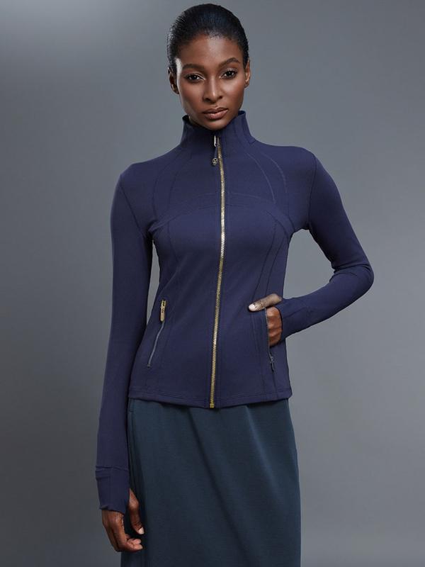 Yoga jacket for women, spring stand up collar, gold zipper, slim fit, casual long sleeved outdoor fitness suit top
