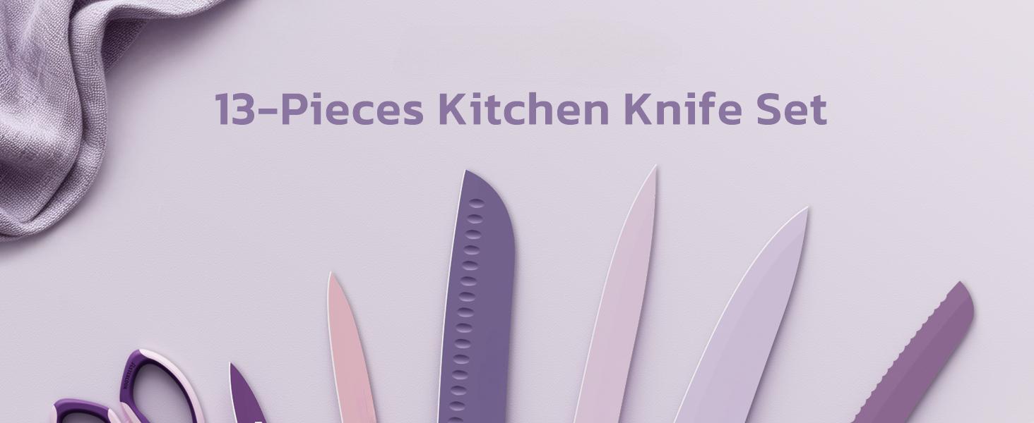 Knife Set, 13 Pieces Kitchen Knives Set with Healthy Anti-Rust Coating, Dishwasher Safe, Stainless Steel Chef Knife Sets with 6 Blade Guards, Perfect Holiday Gifts for Kitchen Purple