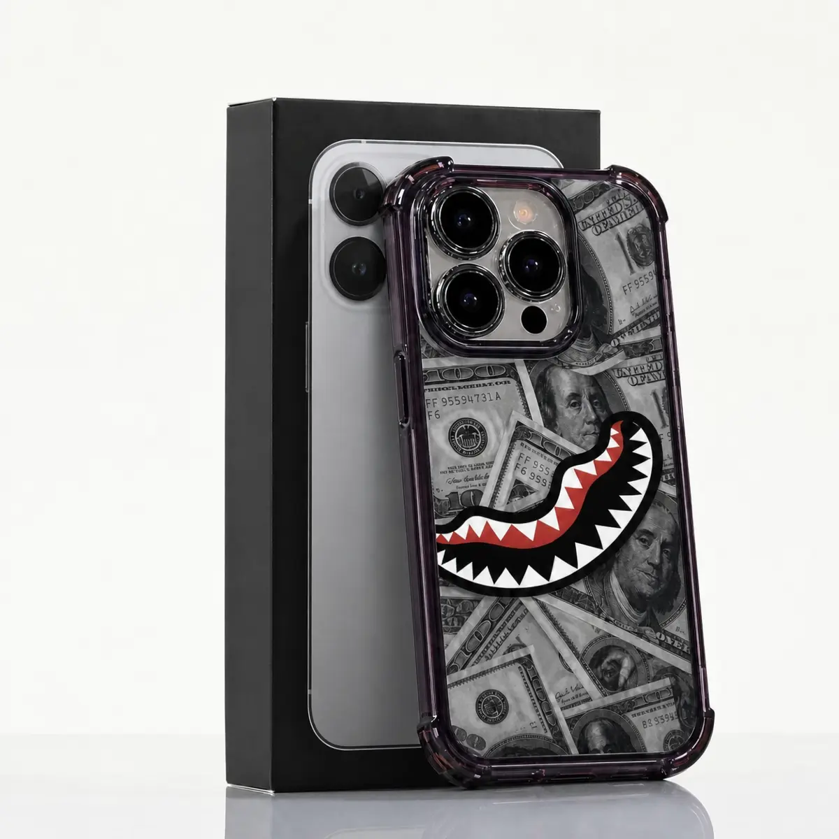 Flex Harder with This Shark Bite Just Leveled Up with This Shark & Money Case For IPhone 17 16 15 14 13 12 11 PRO PLUS MAX AIR Four-corner Drop-proof Transparent Casual Soft Silicone patternfull protection case floral pattern Mo,Halloween,Horror,Character