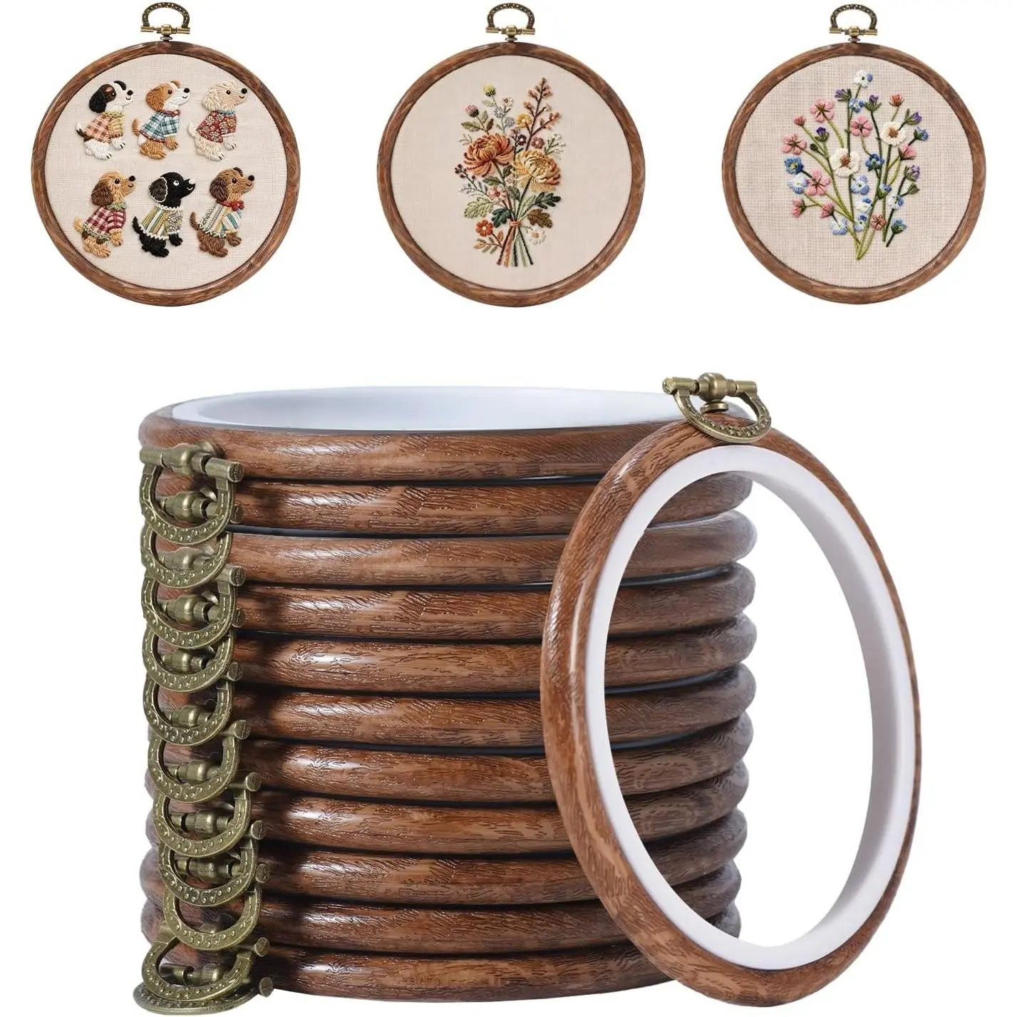 4 Inch Small Embroidery Hoops, 12 Pcs Embroidery Hoop Round Imitated Wood Rubber Hoop Rings Display Frame for Cross Stitch, DIY Art Craft Sewing & Hanging Ornaments (4 in)