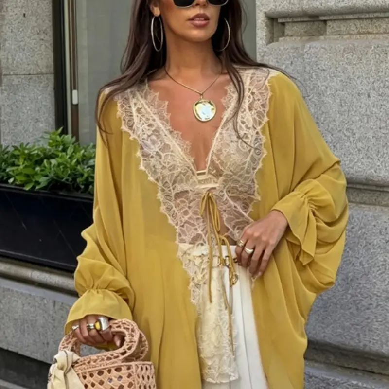 Women's Yellow Lace Oversized Shirt, 2026 Summer Elegant Lantern Long Sleeve Loose Lace-Up Tops, Casual Patchwork Semi Sheer Hollow Out Blouse, Beach High Street Ladies' Casual Daily Tops, Everyday Wear Tops